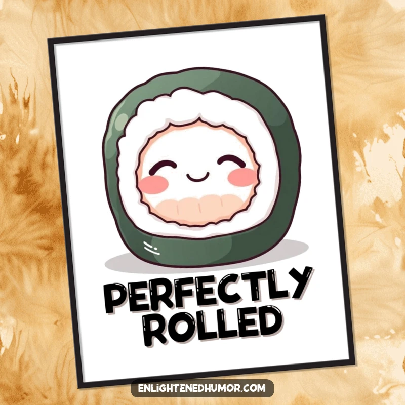 Funny Sushi Zen Digital Art Print of a perky sushi roll achieving inner peace with a gentle smile, offering humorous wall art.