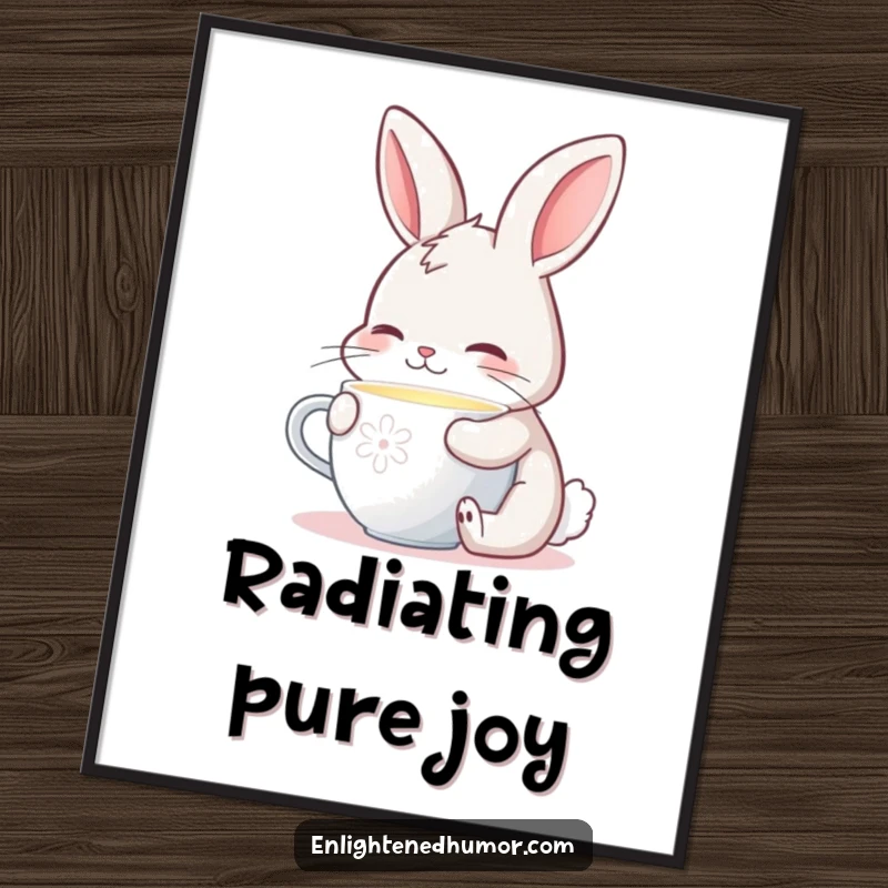 Funny digital art of a contented bunny sipping from a cup emitting a gentle, warm, enchanting glow.