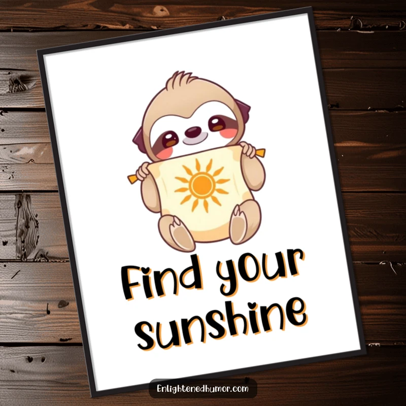 Funny Digital Art Print: Smiling sloth character unfurling a scroll with a radiant sun symbol, peaceful colors, inspirational download.