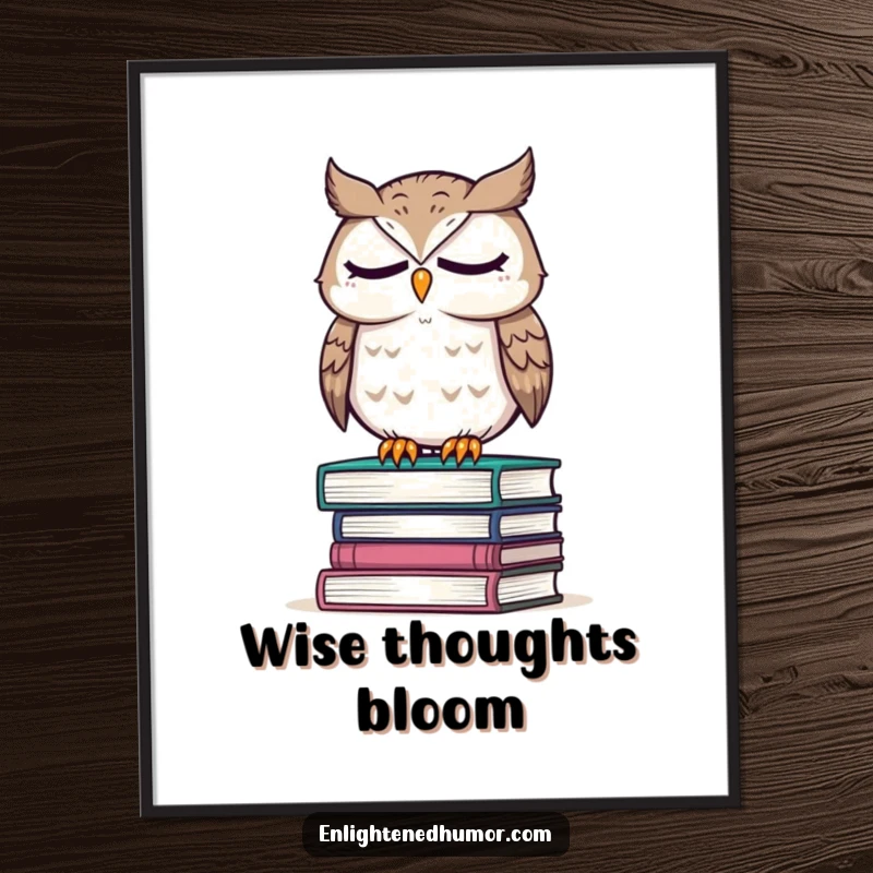 Funny digital art print of a wise owl perched on a stack of books, eyes closed in deep contemplation, symbolizing knowledge and intellect.