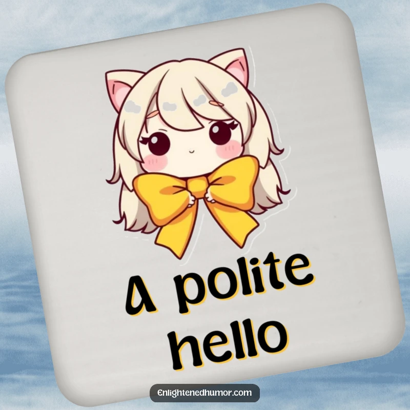 Funny drink coaster set featuring a humble bow character with a graceful, bowed form, protecting surfaces with elegant humor.