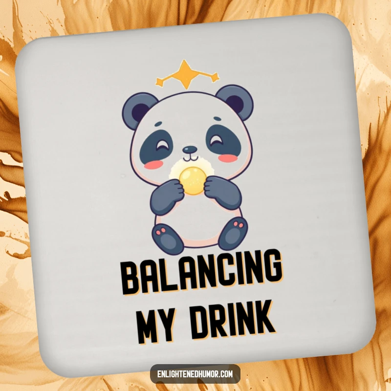 Funny celestial panda drink coaster set featuring a gleeful panda balancing a glowing orb on its nose, adding cosmic charm to tabletops.
