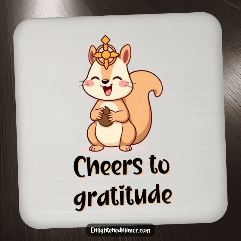 Funny Kawaii Squirrel Coaster: Adorable squirrel offering a nut to a spiritual symbol, perfect for humorous drink protection. A great funny gift.