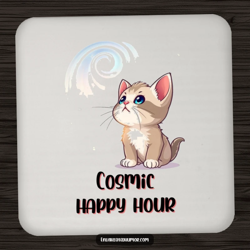 Funny coasters showing a curious kitten gazing at swirling, luminous celestial patterns, bringing cosmic magic to your table.