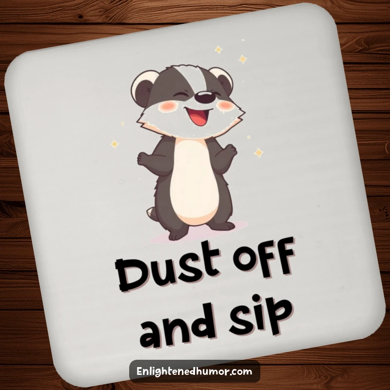 Funny drink coaster featuring a giggling badger releasing sparkling dust, protecting surfaces with charm.