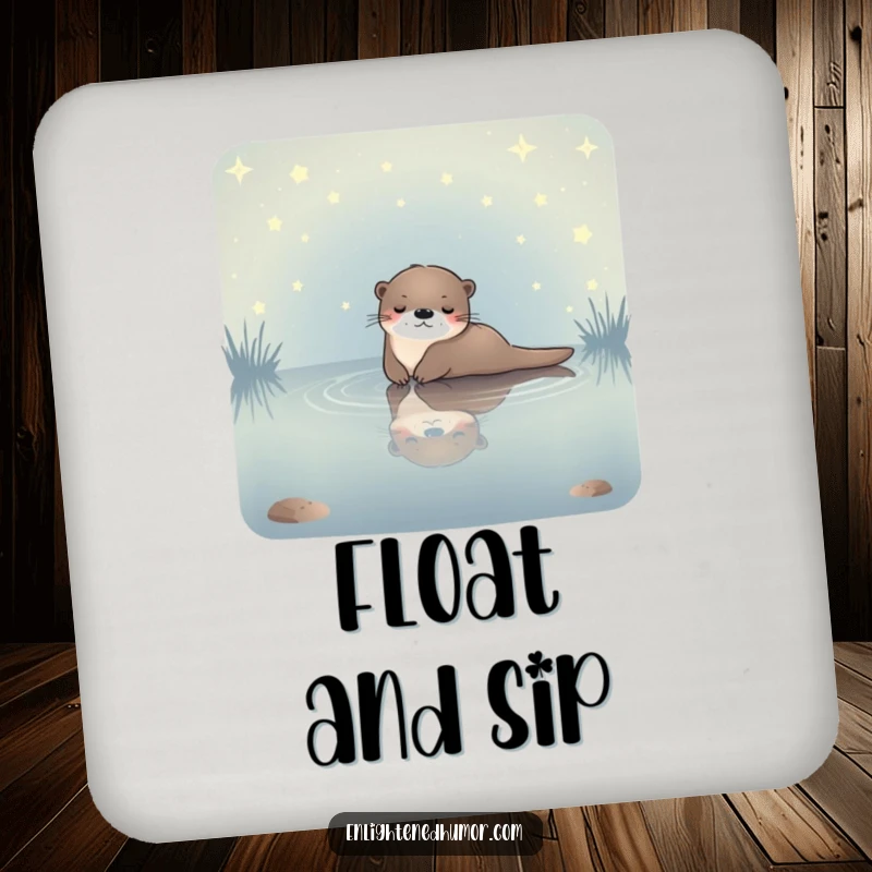 Funny celestial otter drink coaster showing a serene otter floating in a starlit pond, protecting surfaces with cosmic calm.