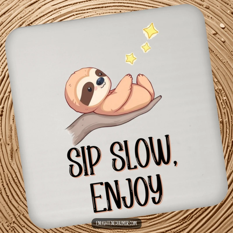 Funny celestial sloth drink coaster set with a thoughtful sloth gazing at a twinkling star, adding cosmic calm to any table.