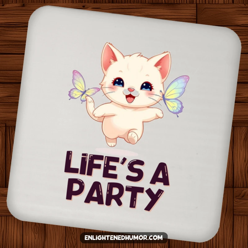 Funny drink coaster featuring a happy kitten playfully chasing a shimmering butterfly with radiant wings, adding playful charm and surface protection.