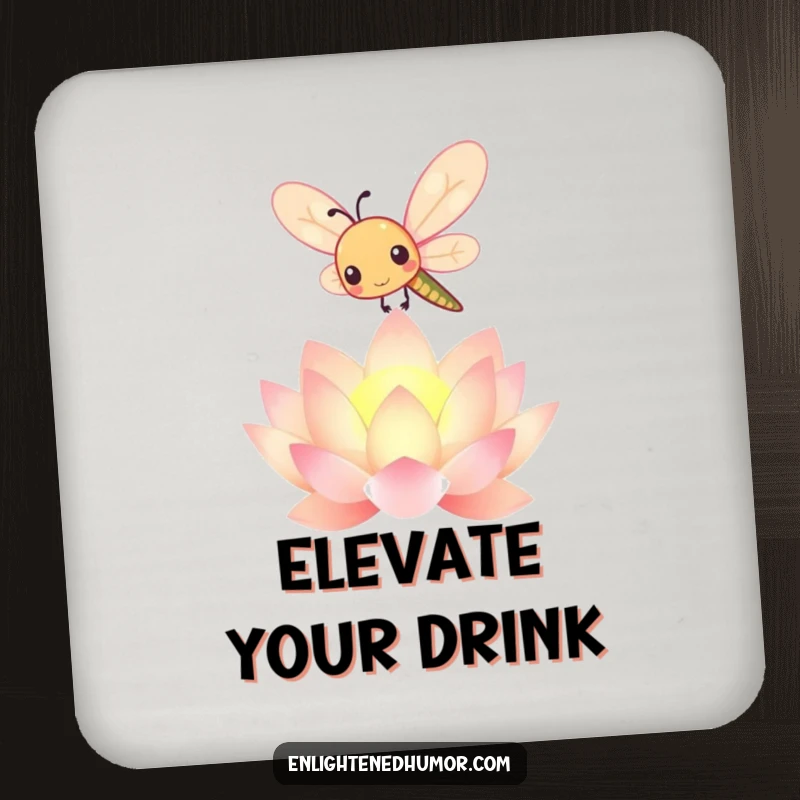 Funny kawaii dragonfly coasters featuring a cute insect over a radiant lotus, protecting surfaces with artistic flair.