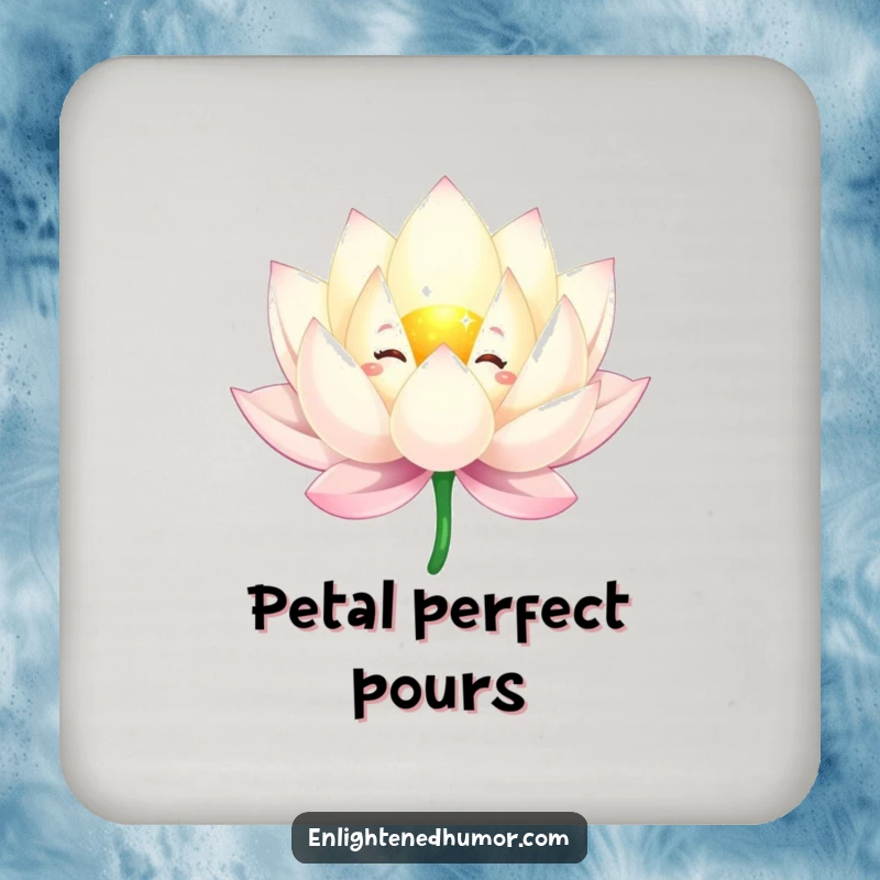 Funny drink coaster featuring a sparkling lotus flower character floating gracefully, with elegant petals adding beauty.
