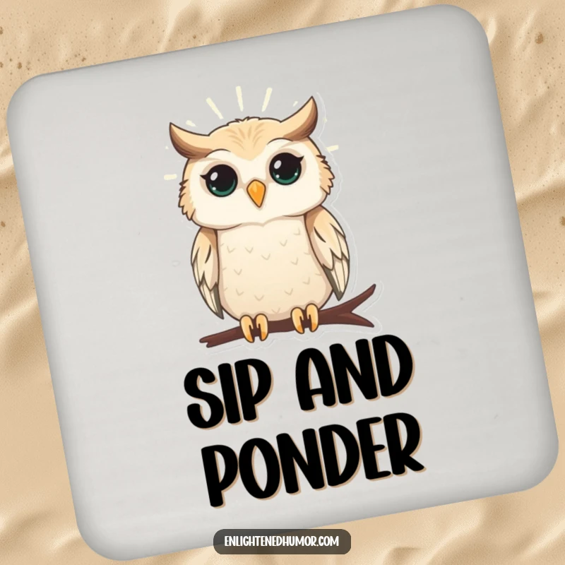 Funny drink coaster featuring a wise owl radiating gentle light, adding wisdom and humor to your space.