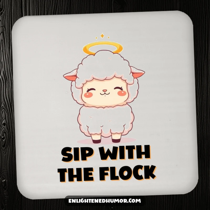 Funny fluffy kawaii sheep drink coaster with a halo, its head bobbing in contemplative bliss, protecting surfaces with charm.