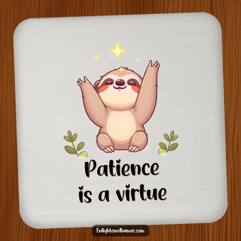 Funny kawaii sloth coasters with a smiling creature reaching for a bright light, providing surface protection.
