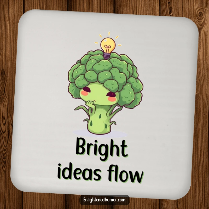 Funny broccoli coaster, thoughtful, deep in thought, tiny lightbulb above, smart table protector.