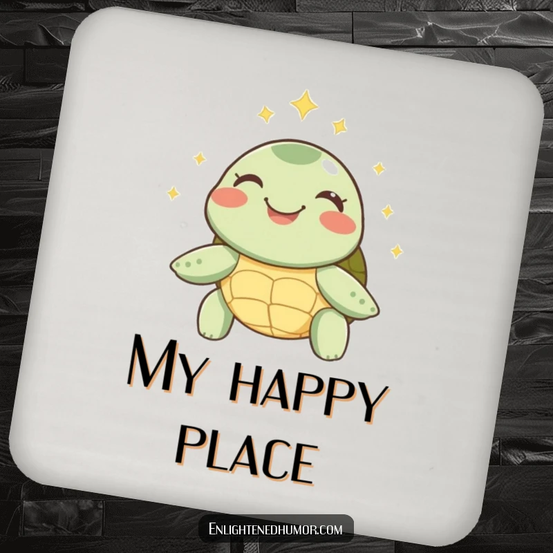 Funny Turtle Coasters: Set of coasters featuring a joyful turtle beaming with inner peace, a soft sparkly halo. Elegant design.