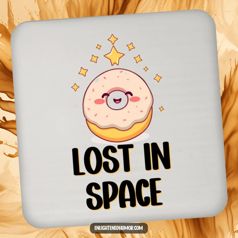 Funny donut coaster, giggling, reaching higher consciousness, surrounded by stars, cosmic beverage accessory.