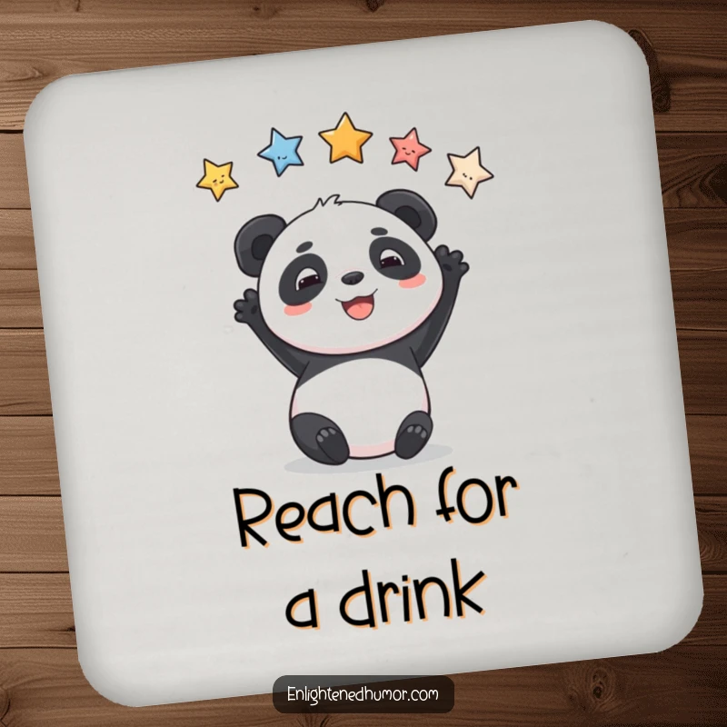 Funny drink coaster featuring a playful panda reaching for stars, protecting surfaces with charm.