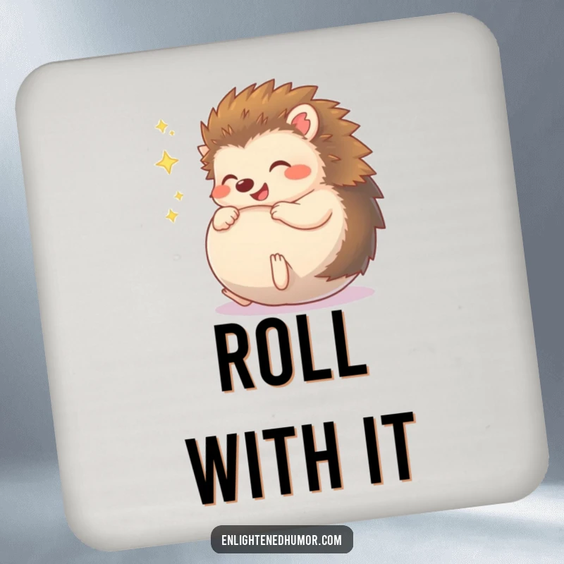Funny Hedgehog Coaster, a cute character giggling in a sparkly ball, protecting your table with humor and adorable design.