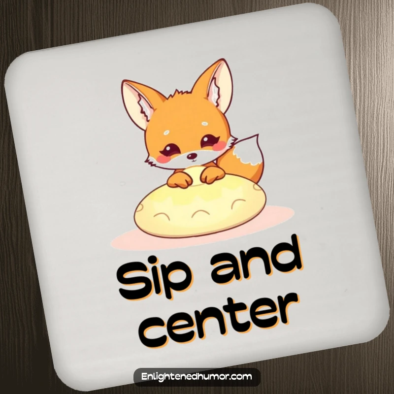 Funny Kawaii Fox Coaster: Adorable fox peeking from a glowing meditation cushion, offering humorous protection for drinks. A great funny gift.