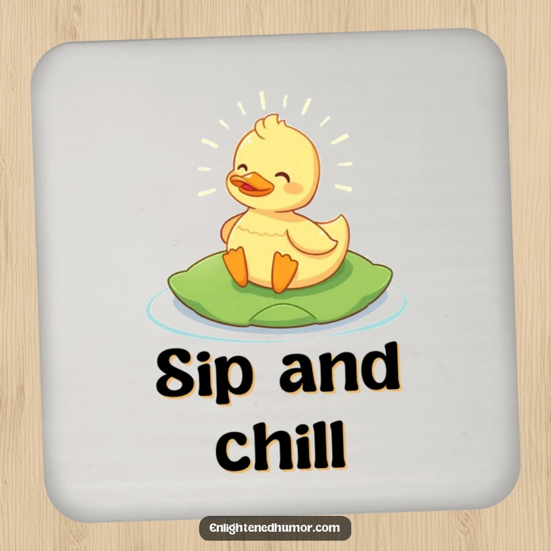 Funny Content Duck Coasters: Set of coasters with a glowing content duck on a lily pad, radiating peace. Excellent funny gift.