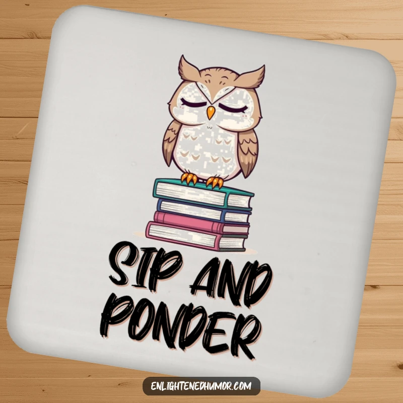 Funny drink coaster featuring a wise owl perched on a stack of books, eyes closed in thought, adding intellectual charm to any surface.