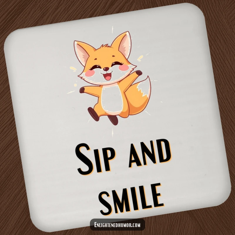 Funny Fox Coasters: Set of coasters featuring a playful fox leaping through shimmering light with a wide smile. Cute design.