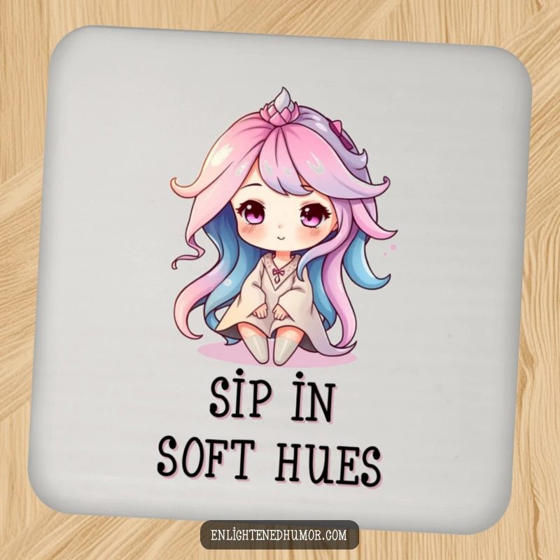 Funny drink coaster featuring a serene aura character made of soft, swirling colors, adding peaceful charm.