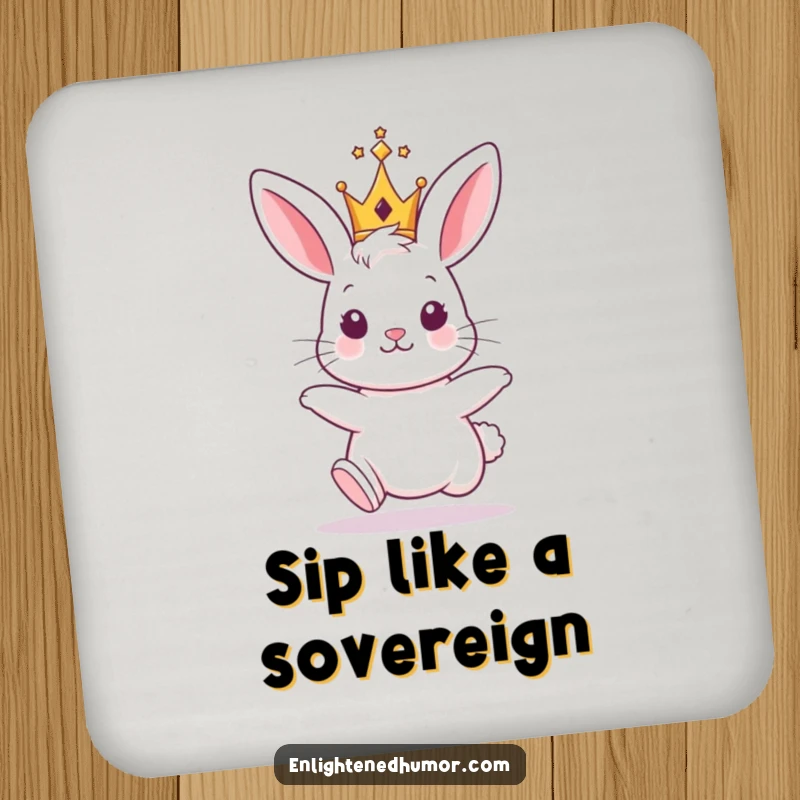 Funny Bunny King Drink Coaster: A coaster depicting a hopping bunny with a small, shiny crown, protecting surfaces humorously.