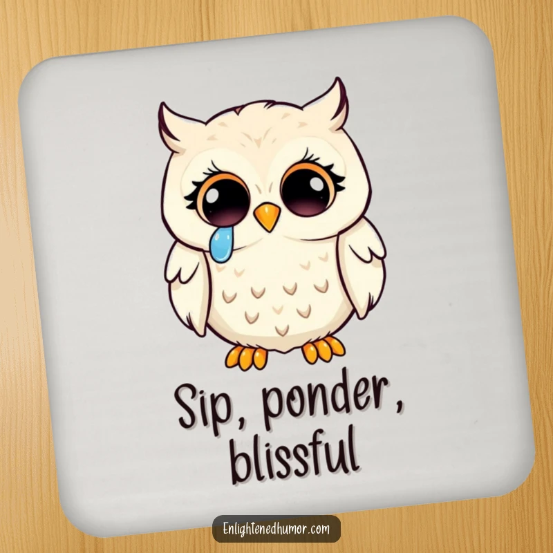 Funny kawaii owl enlightenment coaster shows a wise owl with enlightened eyes shedding a tear of joy, protecting surfaces.
