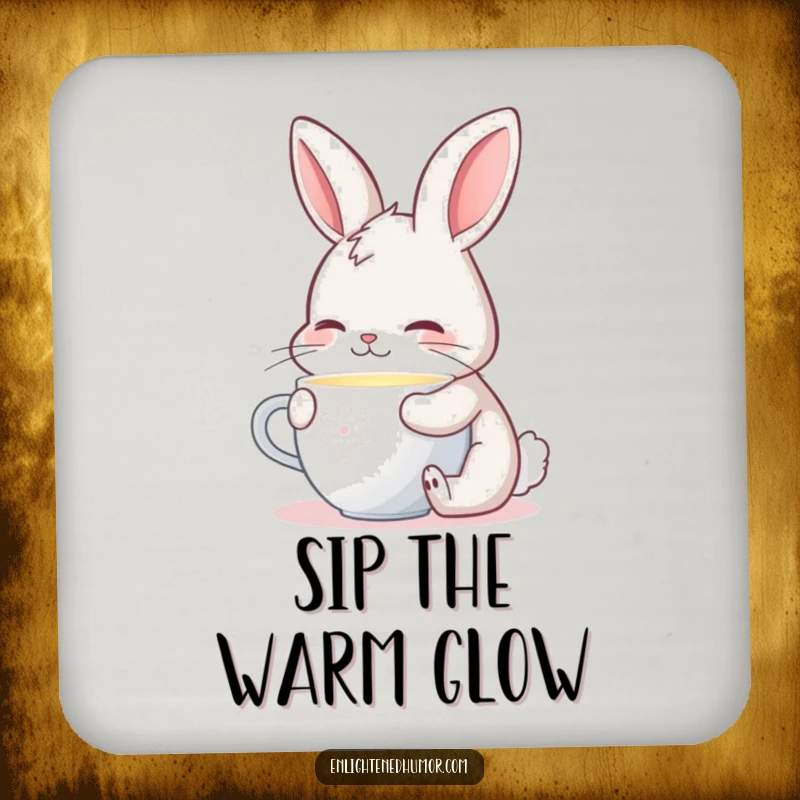 Funny coasters showing a contented bunny sipping from a gently glowing cup, adding warm charm to your table.