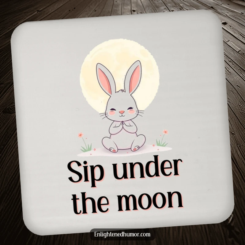 Funny drink coasters featuring a determined rabbit meditating under a giant, serene moon, bringing humorous peace to any surface.