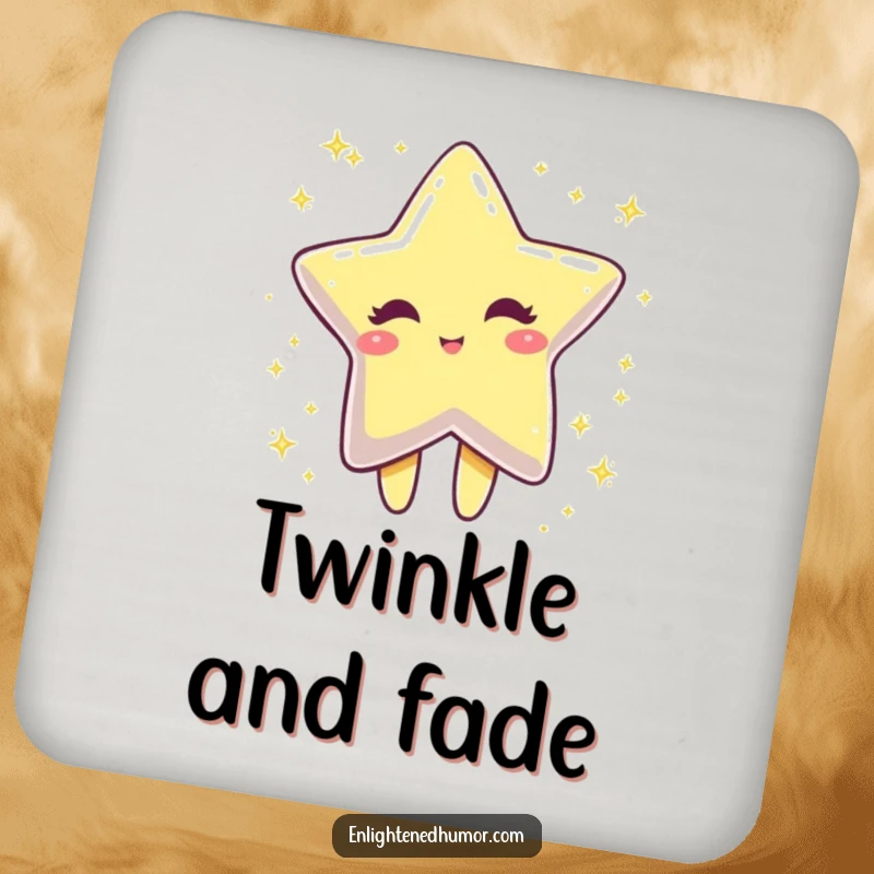 Funny winking star character on a drink coaster, dissolving into sparkling dust, a cute and functional funny home accessory.