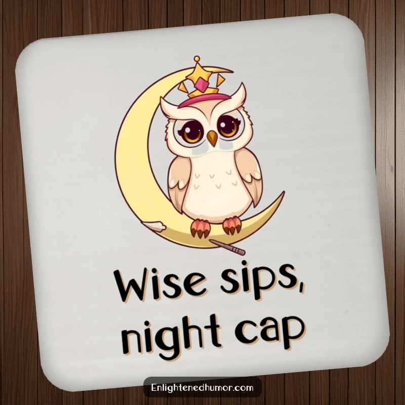 Funny celestial owl coaster, depicting a wise owl on a moon with twinkling eyes, for surface protection.