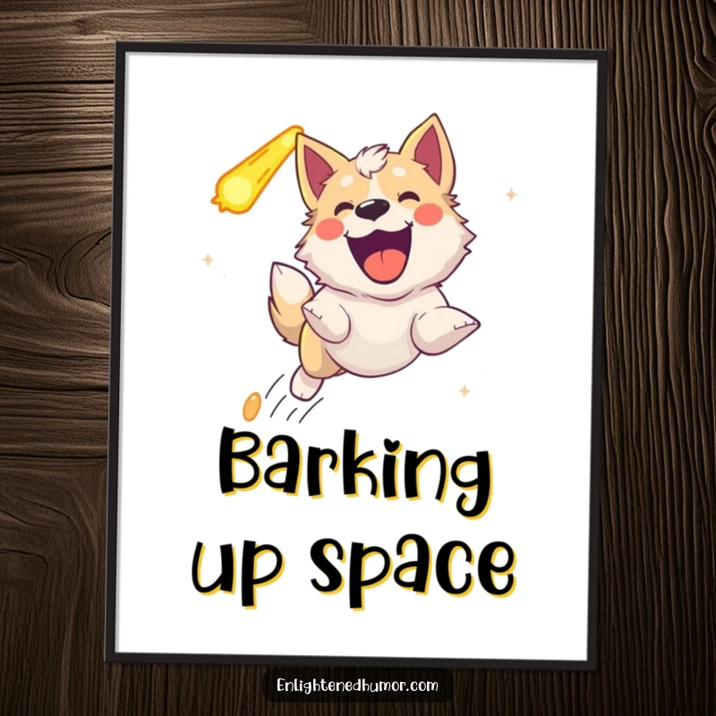 Funny celestial dog poster, depicting pure bliss as it joyfully barks while chasing a comet.