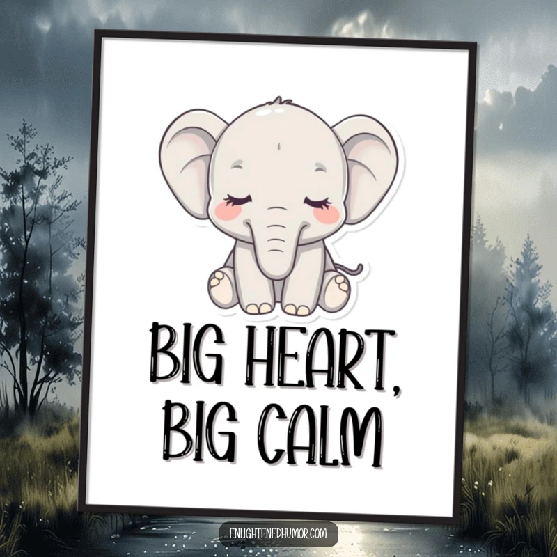 Funny poster of a serene elephant, eyes closed, radiating peaceful vibes and understated humor.