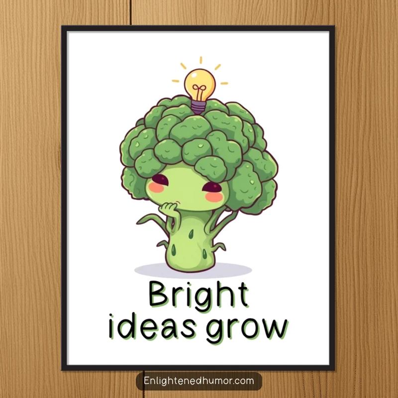 Funny broccoli poster, thoughtful, deep in thought, tiny lightbulb above, smart wall decor.