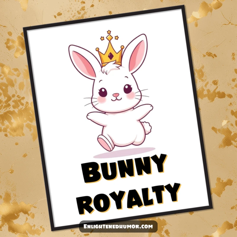 Funny Bunny King Poster: A cute hopping bunny wearing a tiny, shining crown, adding a regal and humorous touch.