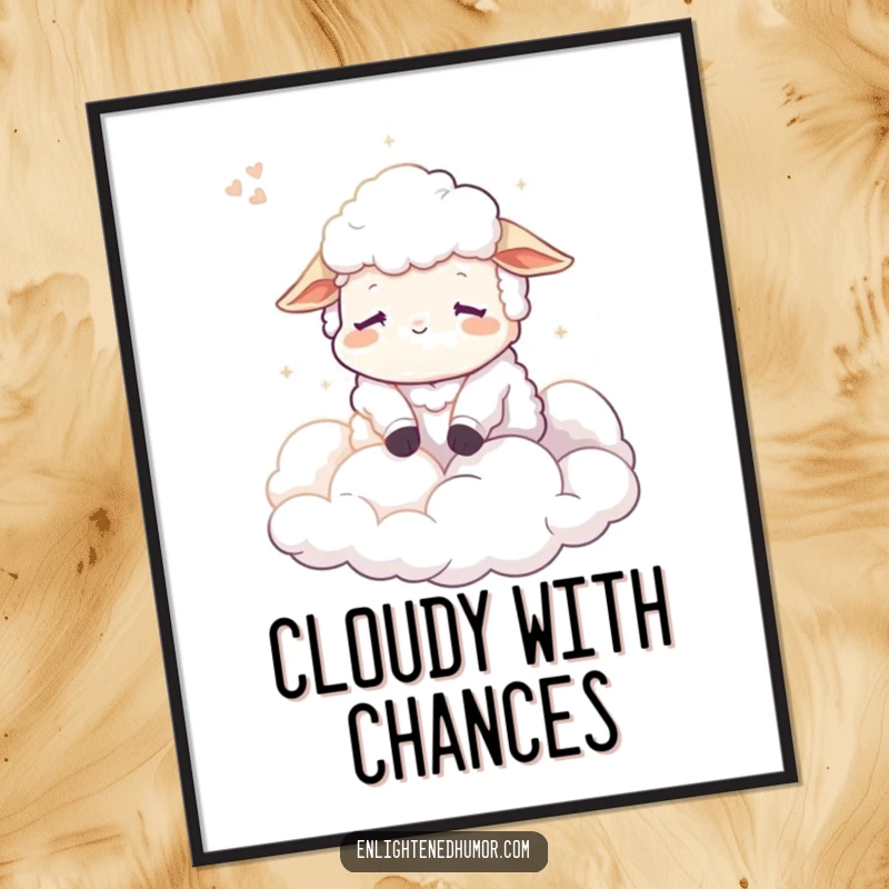 Funny Sheep Poster, depicting a peaceful character serenely dreaming amidst soft, fluffy clouds bathed in gentle light, offering calm.