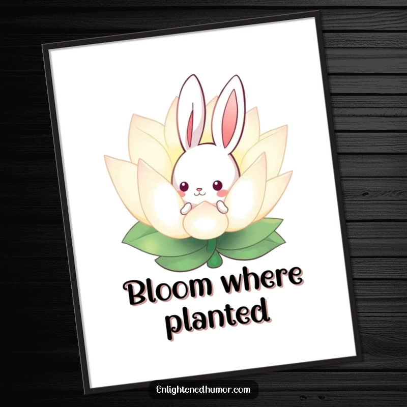 Funny poster art of a curious bunny peeking from behind a glowing lotus flower, adding a touch of enchantment and humor.
