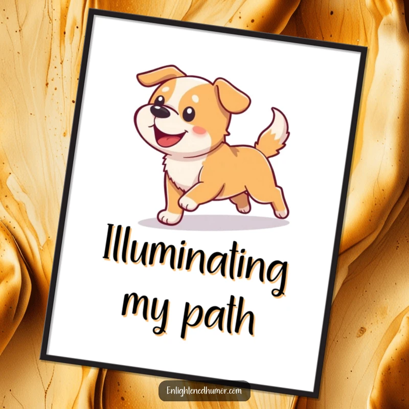Funny dog poster art showing a happy dog pursuing its shadow as it morphs into glowing light, cheerful and whimsical.