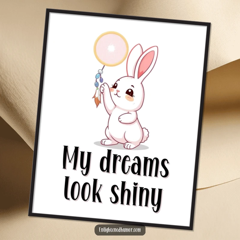 Funny rabbit poster art depicting a curious bunny reaching for a shimmering dreamcatcher, ideal for adding whimsical charm and a touch of dreaminess to any room.