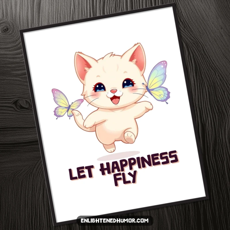 Funny poster art of a happy kitten playfully chasing a shimmering butterfly with radiant wings, bringing joyful and humorous energy.