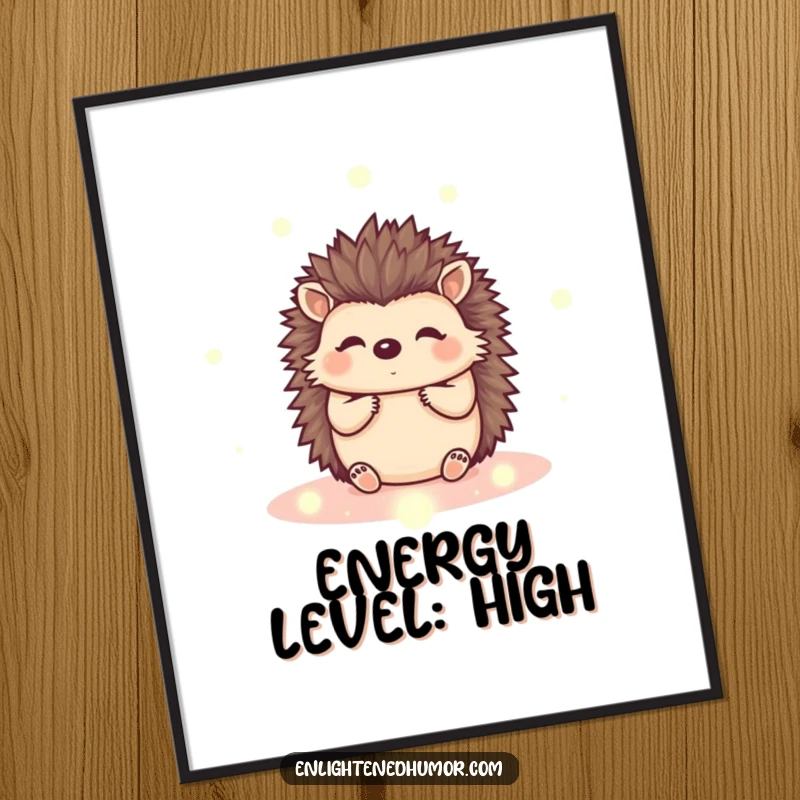 Funny kawaii hedgehog poster showcasing a cute creature surrounded by shimmering energy orbs, creating a serene wall art.