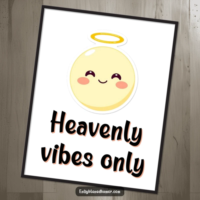 Funny smiling round moon character with a halo floating upwards, displayed as a cosmic and humorous wall art print.