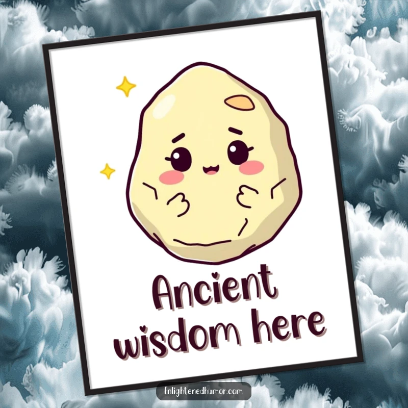 Funny poster art of a wise, floating philosopher stone character with a knowing twinkle, radiating profound wisdom and subtle humor. Great decor.