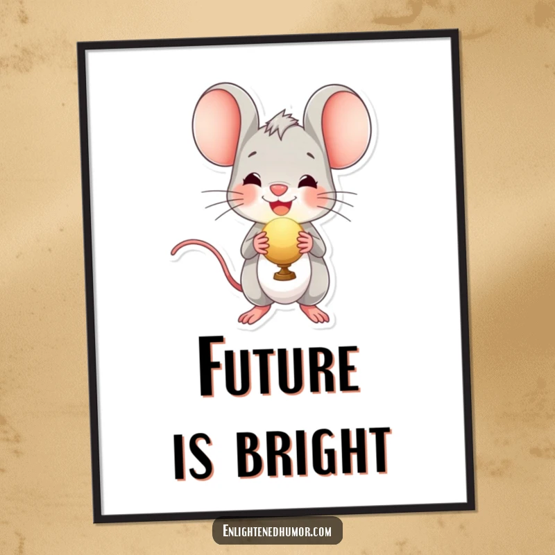 Funny poster art of a cheerful mouse character holding a glowing radiant orb, bringing delightful and humorous energy to any wall.
