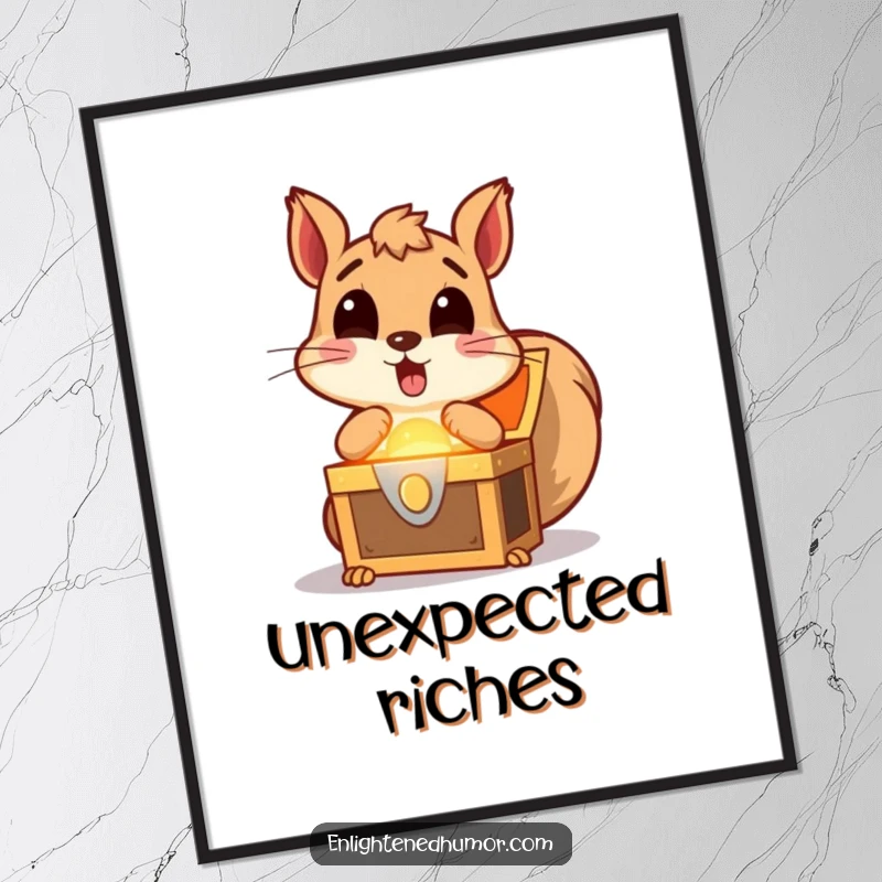 Funny squirrel poster art of a surprised squirrel discovering a brightly glowing treasure chest, symbolizing excitement and unexpected fortune.