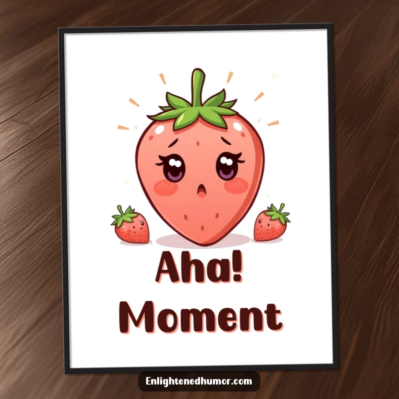 Funny Strawberry Enlightenment Poster showing a surprised strawberry with wide eyes, capturing a sudden, humorous moment of clarity.
