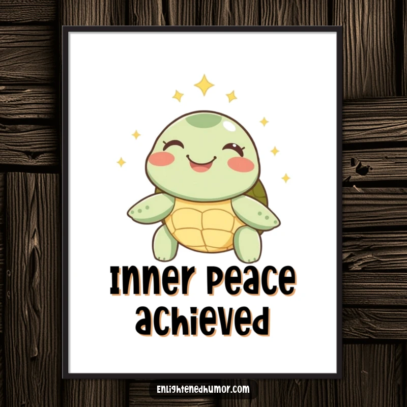 Funny Turtle Poster: Art print of a joyful turtle beaming with inner peace, a soft halo of sparks radiating calm.