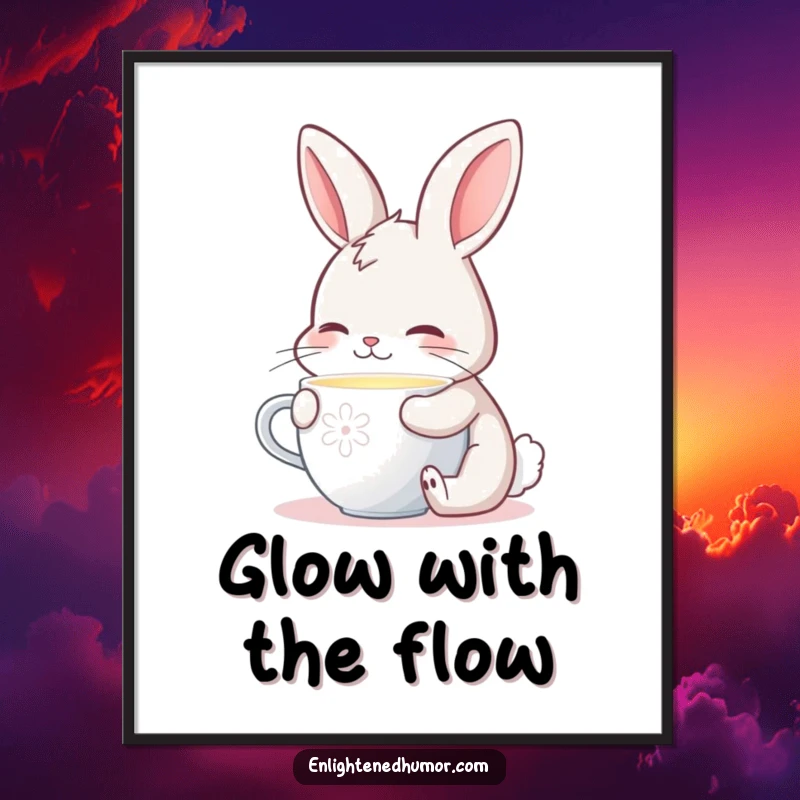 Funny poster depicting a contented bunny sipping from a cup that emits a gentle, warm, enchanting glow.